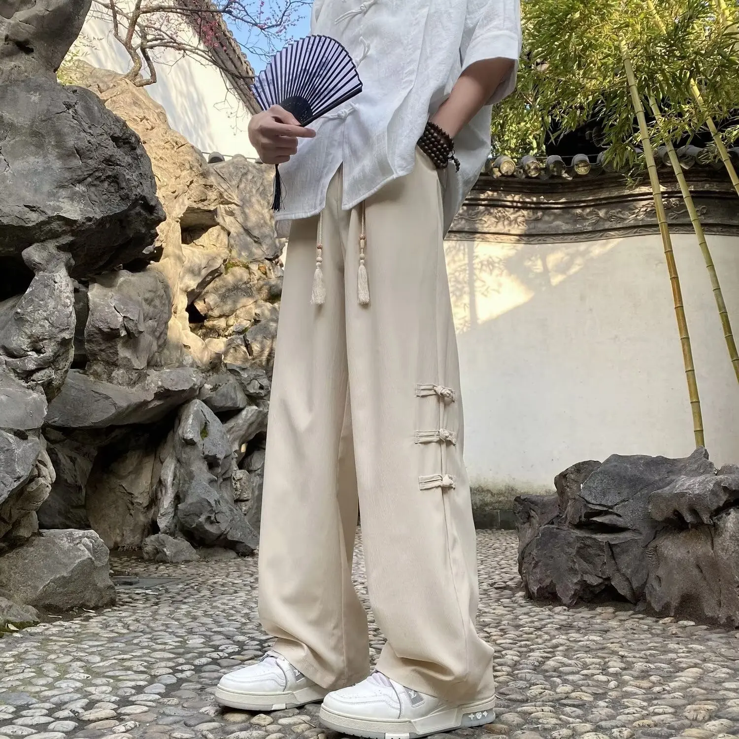 

New Chinese Sle Wear Resistant Ice Silk Pants Men's Summer New High End Drapey Loose Straight Leg Trousers Polyester Fiber