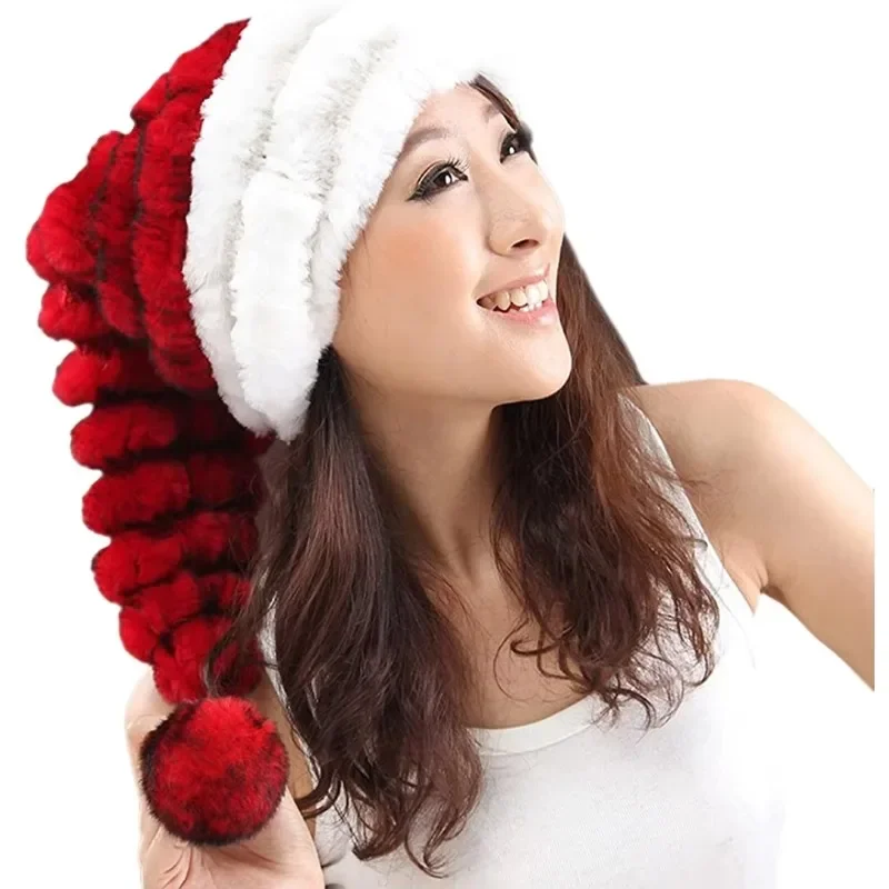 

Fashion Christmas Gifts Novelty Fun Santa Hat Winter Warm Pompom Rex Rabbit Hair Christmas Hat Girls Fur Hat