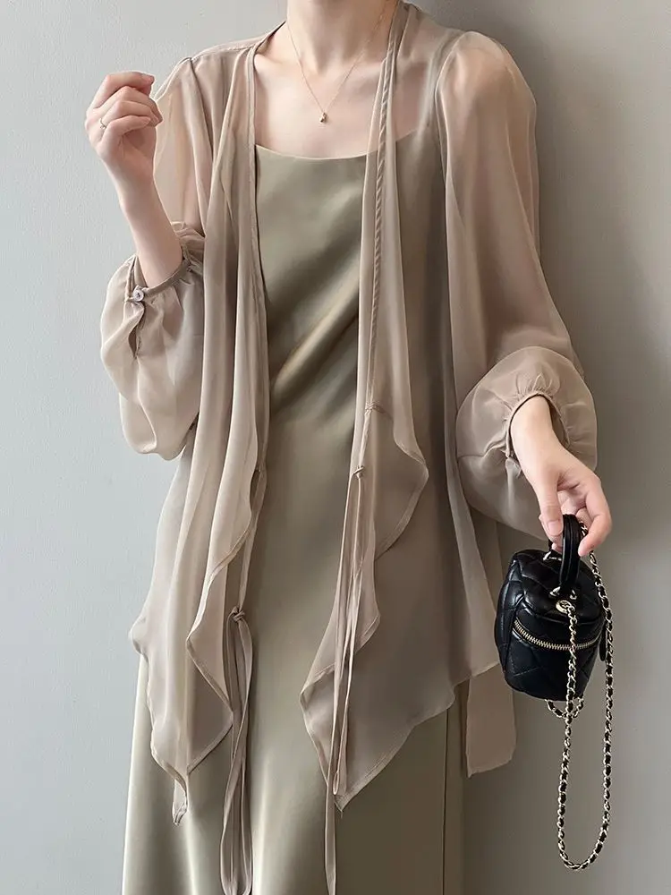 Shirts Women V-neck Loose Long Sleeve Open Stitch Korean Style Lace-up Simple Solid Summer Chiffon Breathable Minimalist Stylish