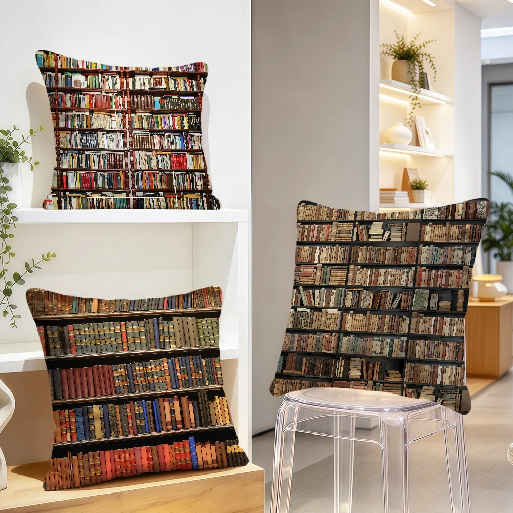Retro Realistic Bookshelf Print Library Vintage Cushion Cover Soft Pillowcase Sofa Home Living Room Decor Bed Club Hogar Gift