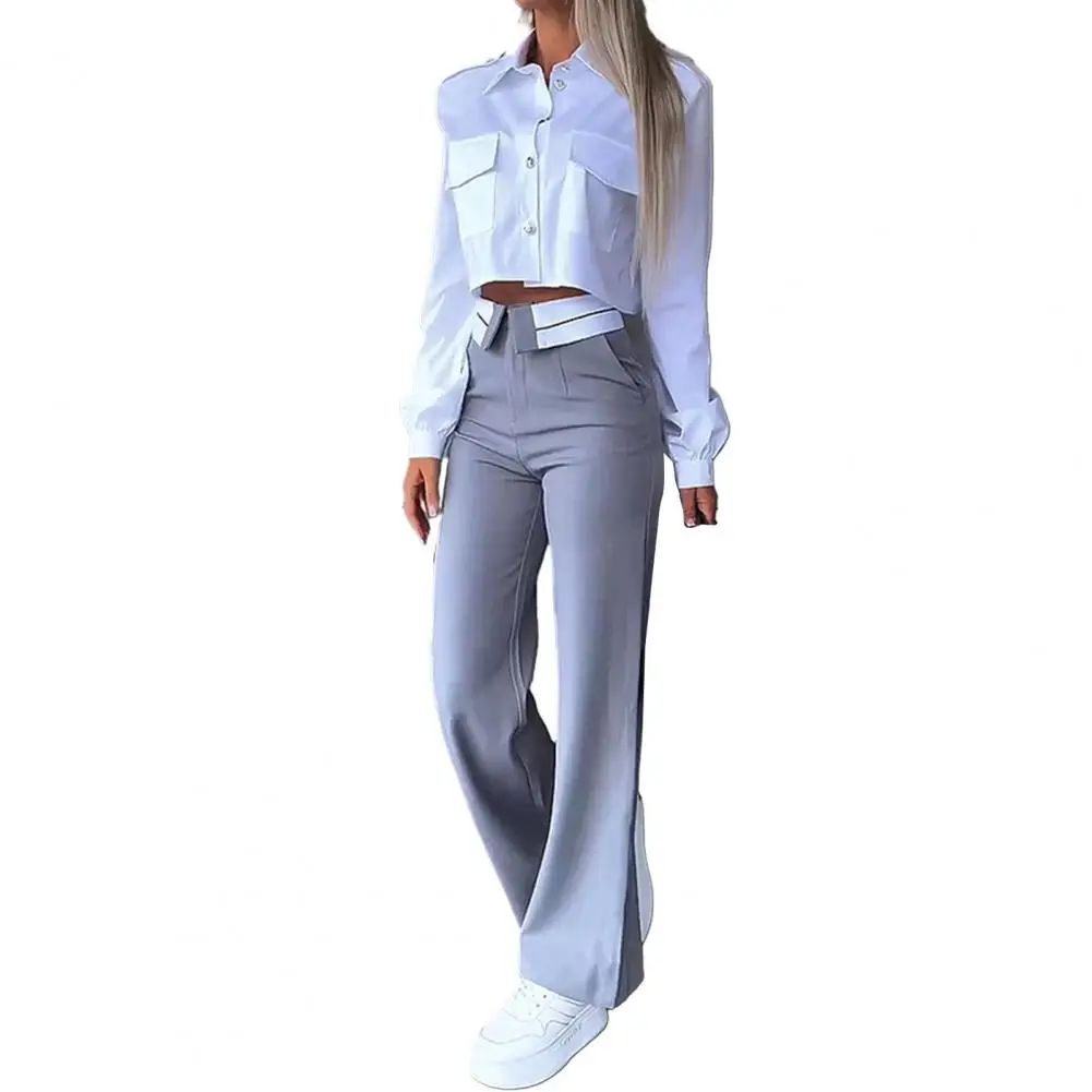 2 Pcs/Set Women Pants Top Suit Single-breasted Lapel Long Sleeve Butttons High Waist Straight Pockets Lady Shirt Trousers Set