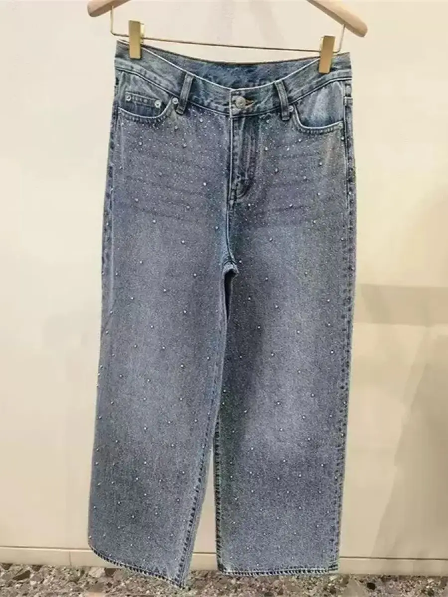 

Women Rhinestone Decoration Denim Pants Spring 2026 New High Waist Straight Casual Female Jeans