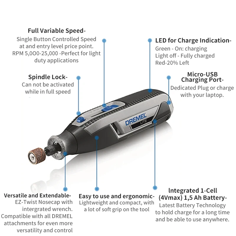 5 IN 1 Mini Rotary Tool DREMEL 7760 3.6V Rechargeable Cordless Electric Grinder Sanding Engraing Pen Cutting Disc Drill Machine