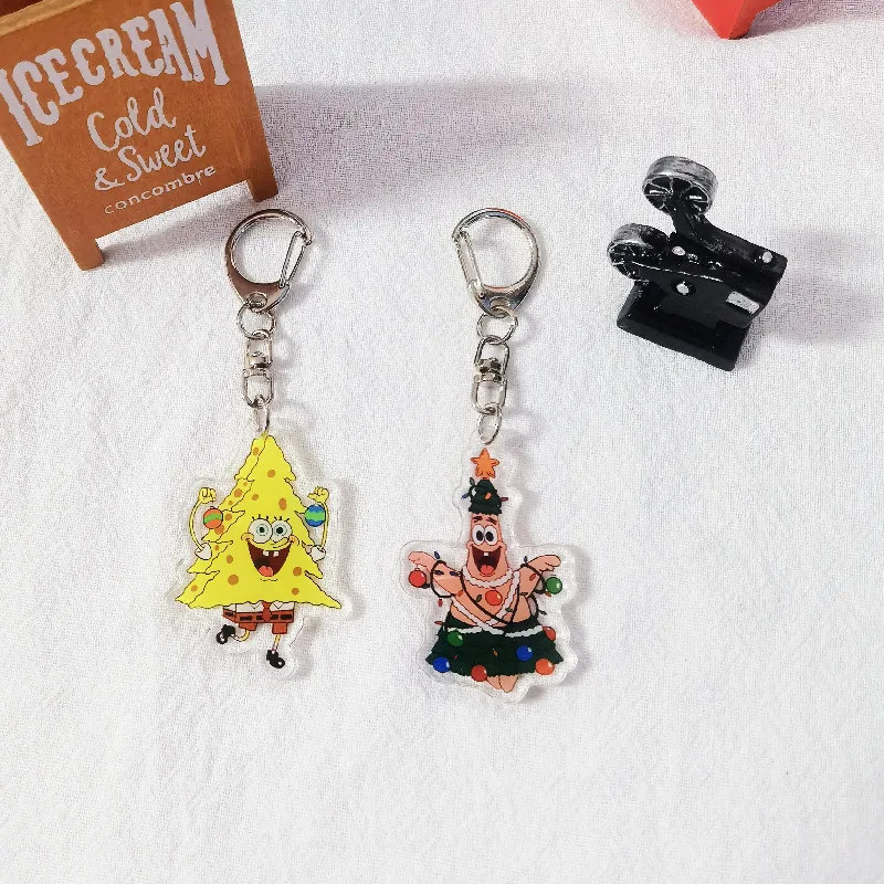 Anime Kawaii SpongeBobs Christmas Keychain Acrylic Keyring Gift Cartoon Cute Bag Pendant Girls Boys Hanging Accessories Gifts