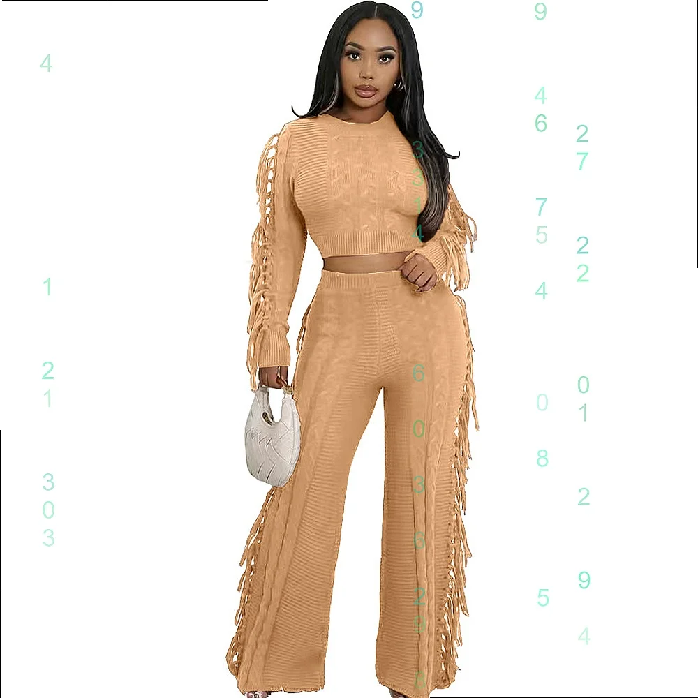 Long Sleeve Knit Fringe Matching Set Women Casual Solid Tops Jumpsuit Playsuit Spring Summer
