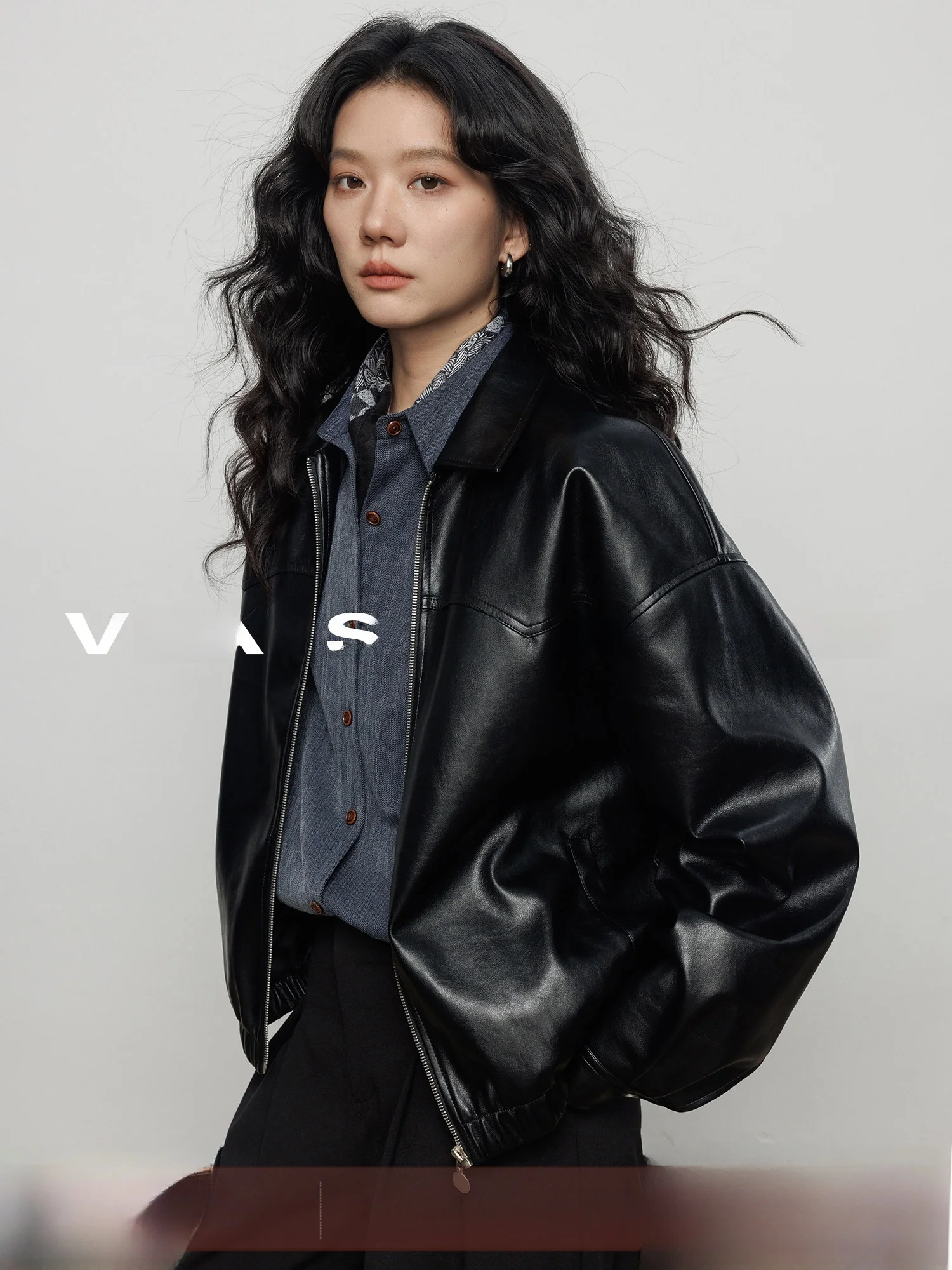Vastand Casual Style Loose Fit Black PU Leather Jacket Women's Outerwear Simple Design Commute Friendly Fashionable Coat