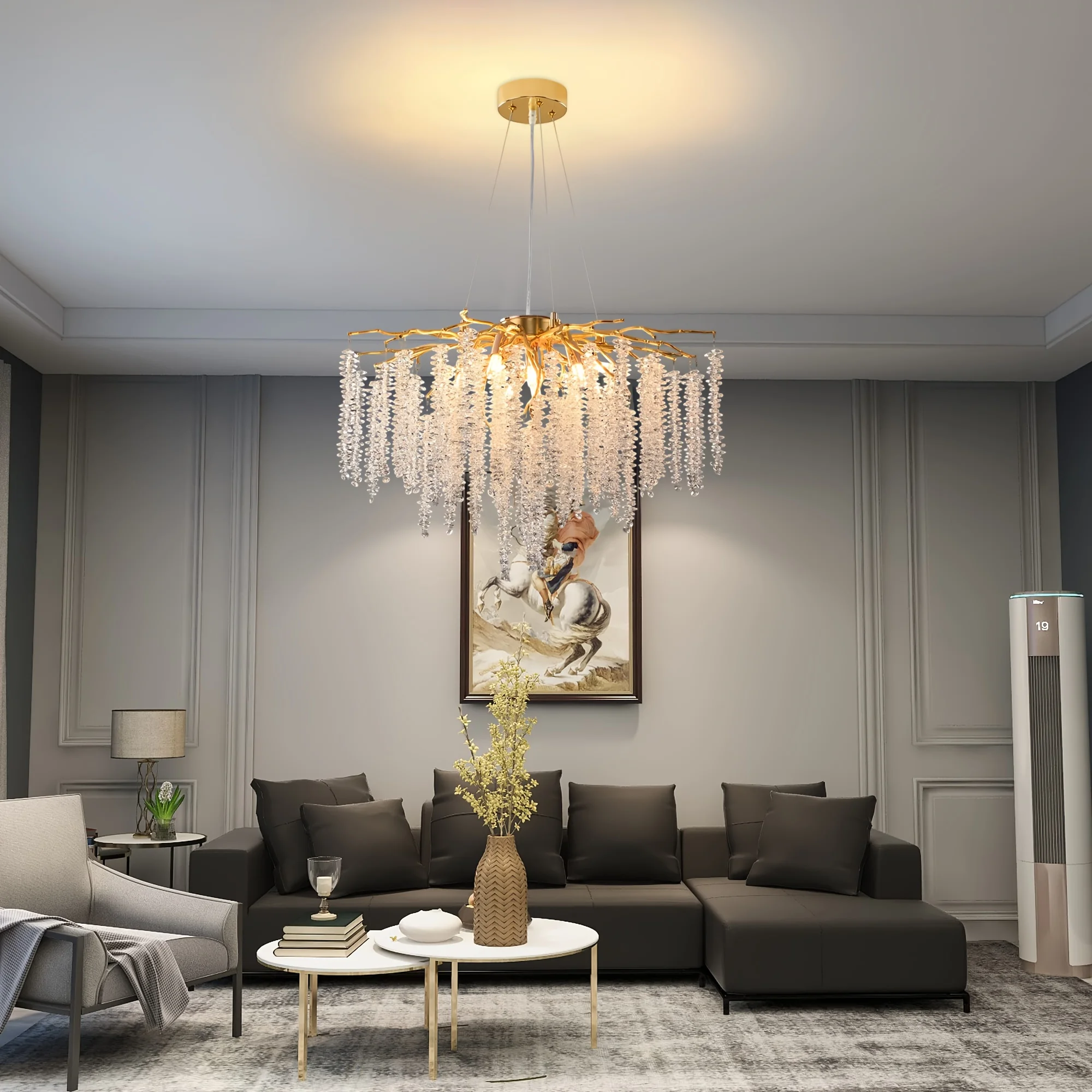 MSSIAN 9-Light Modern Luxury Chandelier - 23.7" Hanging Ceiling Fixture with Golden Tree Branch Design & Tassels