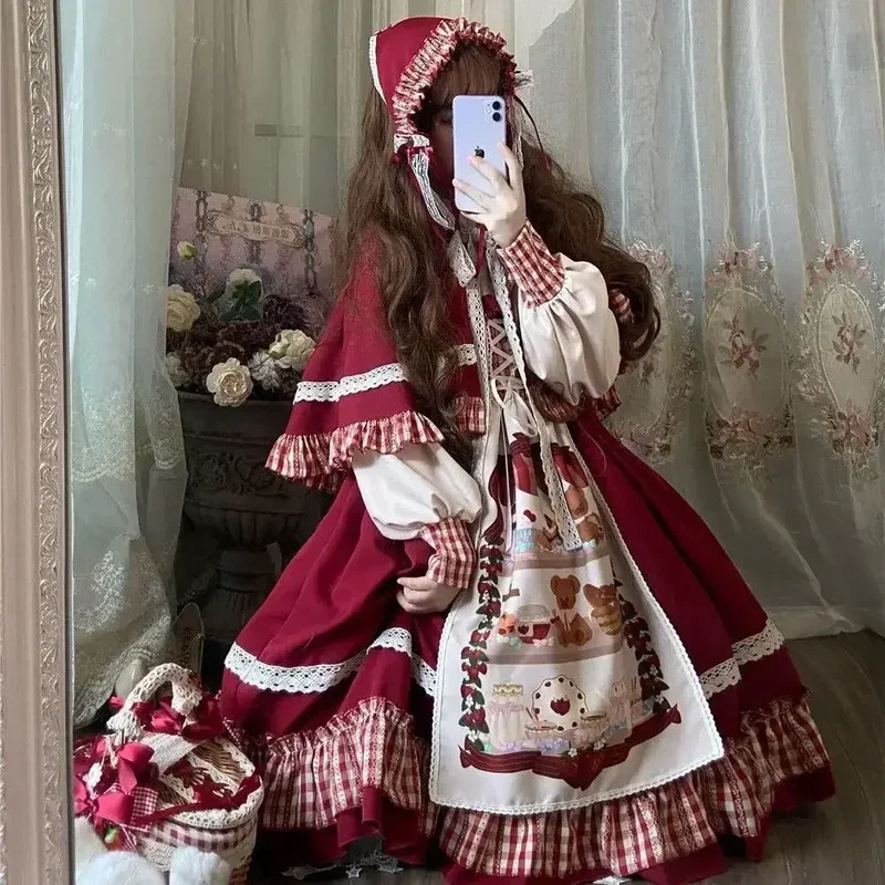 Conjunto de vestido de Lolita de Navidad para niñas dulces, capa roja Kawaii, manga larga, vestido Vintage victoriano OP, vestidos Harajuku japoneses