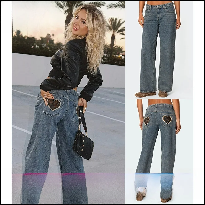 

Low Waist Straight Leg Denim Jeans Leopard Print Pockets Handpicked Boutique La via Women's Fashion Blue Jeans Casual Trousers