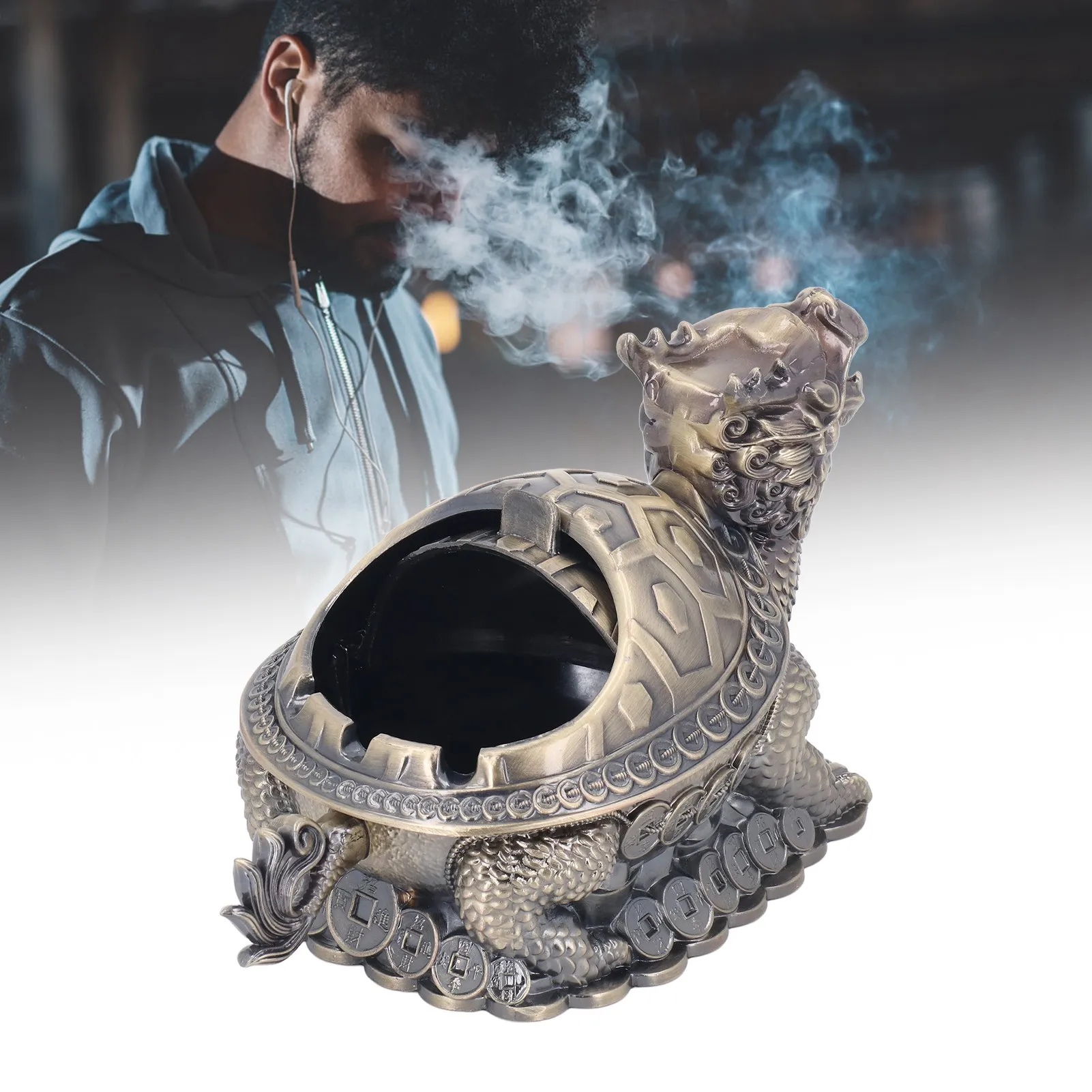 Metal Ashtray Vintage Ashtray 3 Slots Windproof Lid Colorfast Zinc Alloy Tortoise Dragon Metal Ashtray for Family  Outdoor