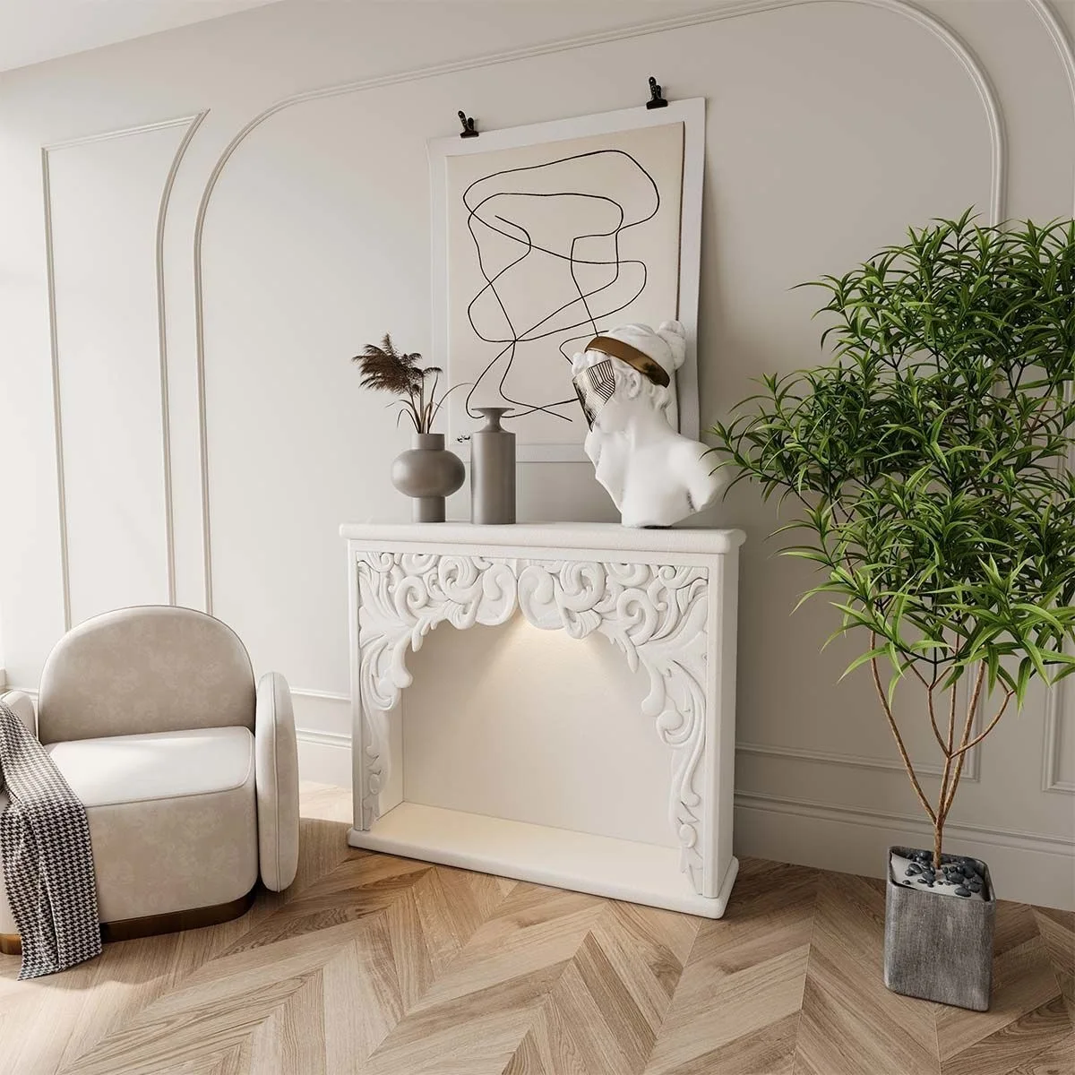 French cream fireplace living room carved decorative cabinet retro decoration European entrance homestay atmosphere light
