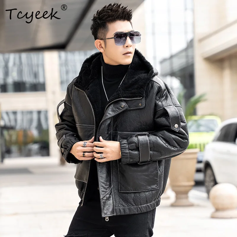 Tcyeek ของแท้หนังหนังผู้ชาย 2025 ฤดูหนาวเสื้อผ้า Hooded Mens แจ็คเก็ตหนังแกะธรรมชาติเสื้อขนสัตว์หลวม FitМуж