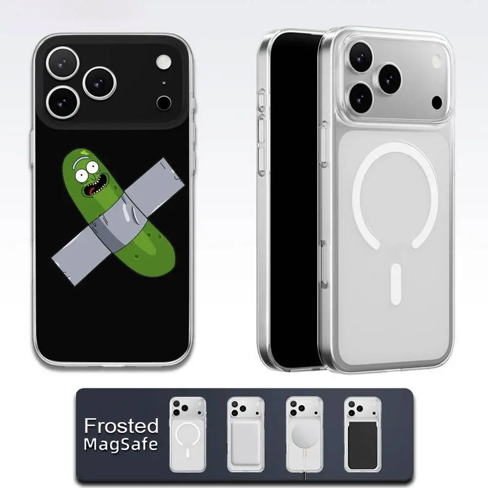 Custodia per telefono R-RickS Cucumber P-Pickles per iPhone 17,16,15,14,13,12,11,Pro,Max,Plus,E,Air,Mini Magsafe satinato trasparente