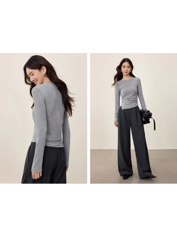 SENTUBILA Long-Sleeve T-shirt for Woman 2025 Autumn Design O-Neck Contrast Color Knit T-shirt Button Accent Tops 153TA2685