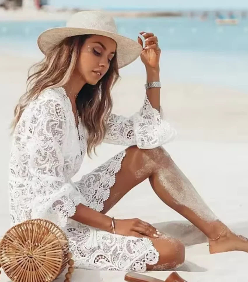 Women Sexy Lace Dress V-neck Long Sleeve Spring Summer Beach Sun Protection Lady Perspective Casual Holiday Short Clothing