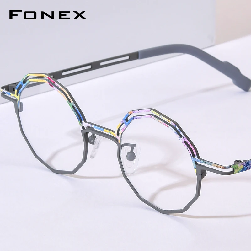 FONEX Pure Titanium Eyeglasses Women Colorful Brand Design Retro Polygon Glasses Ultralight Vintage Japanese Eyewear 85888