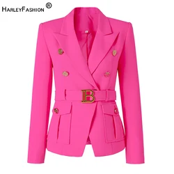 Bright Fluorescence Color Euro-american Stylish High Street Women Belt Pockets Fitness Elegant Lady Gorgeous Blazer