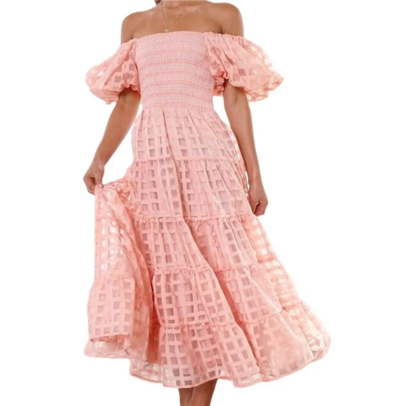 A83F-Vestiti lunghi maxi da donna a maniche corte gonfie con scollo quadrato e smock a strati