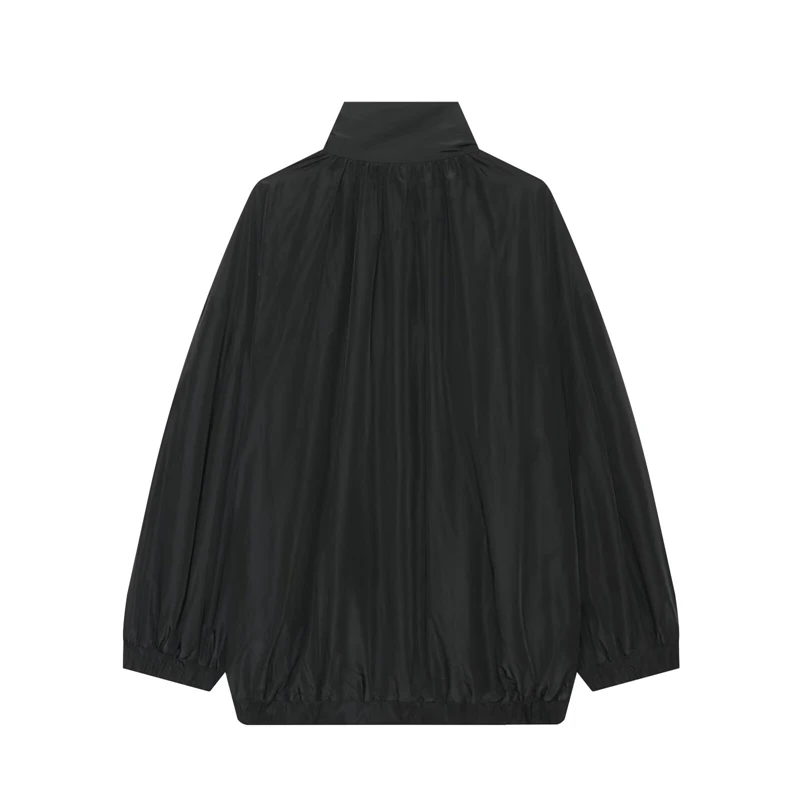 Women's stand-collar loose windproof jacket with front pleated hidden button design  solid black casual commuter coat