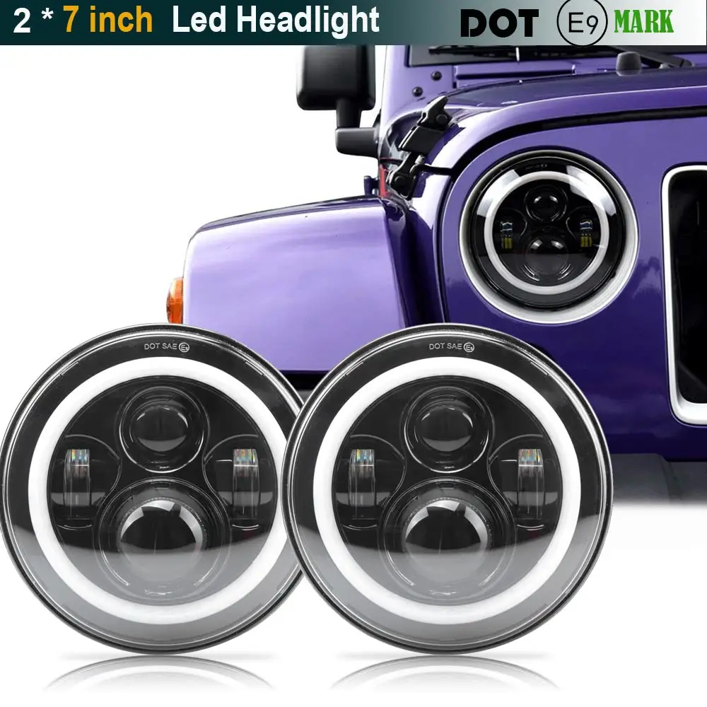 

Pair For Harley JK Wrangler TJ 7 Inch Round LED Headlight White Halo Angel Eye / DRL Yellow Turn Signal LED Projection