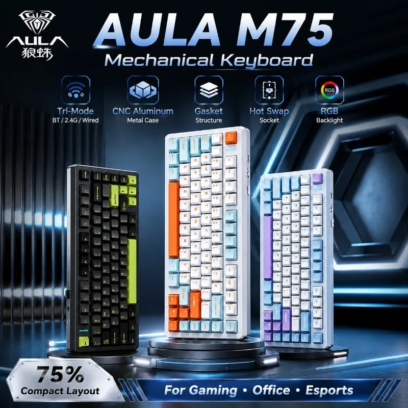 Teclado Mecânico AULA M75 Tri-Modo Sem Fio Bluetooth 2.4G Com Fio, Case de Alumínio CNC, Retroiluminação RGB, Hot Swappable, Gasket, para Jogos