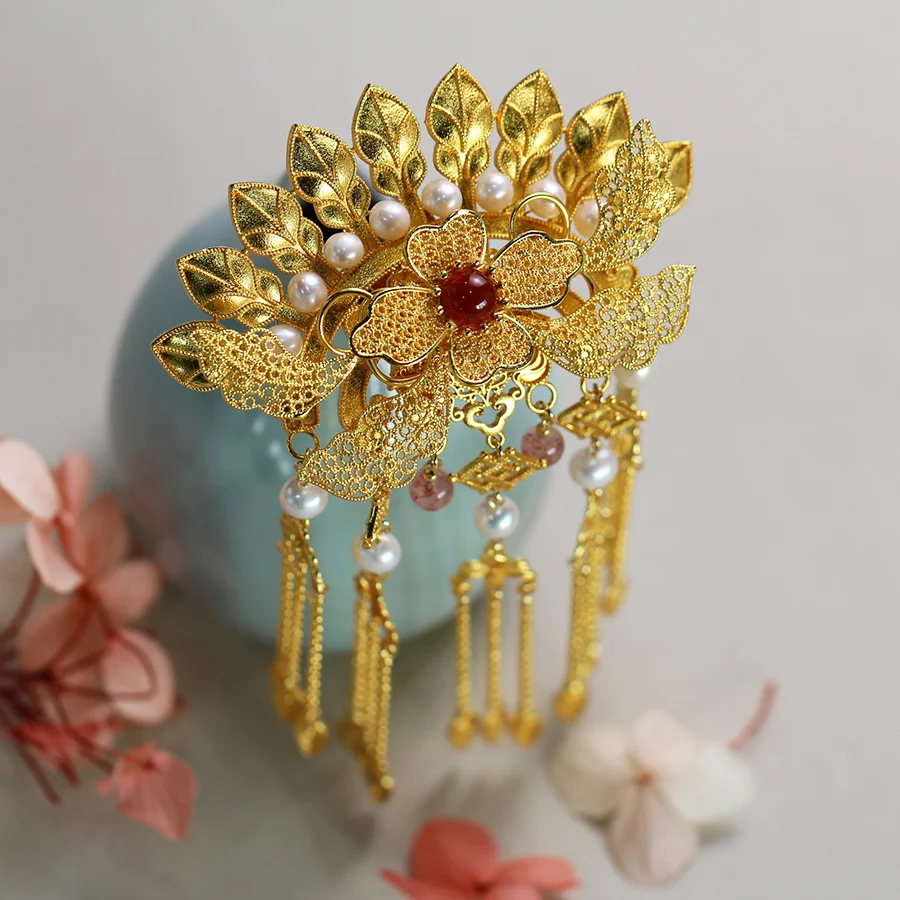 Vintage Hanfu Accessory Headpiece Sticks Combs Imitate Dian Cui Blued Precious Tassel Jewelries for Chinese Drama HZXZ