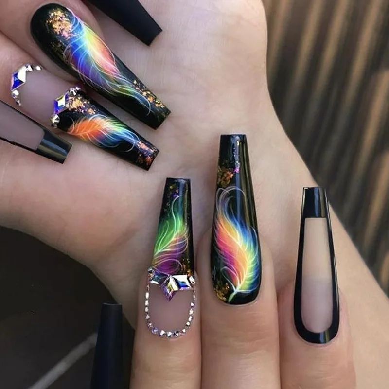 

3D fake nails accessories rainbow feather with glitter diamond designs faux ongles press on acrylic false nail art supplies