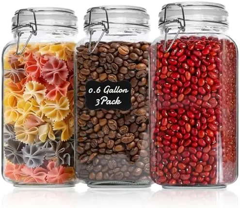 

Airtight Glass Jars 0.6 Gallon Set of 3 - Square Food Storage Containers with Leakproof Lids for Kitchen Pantry