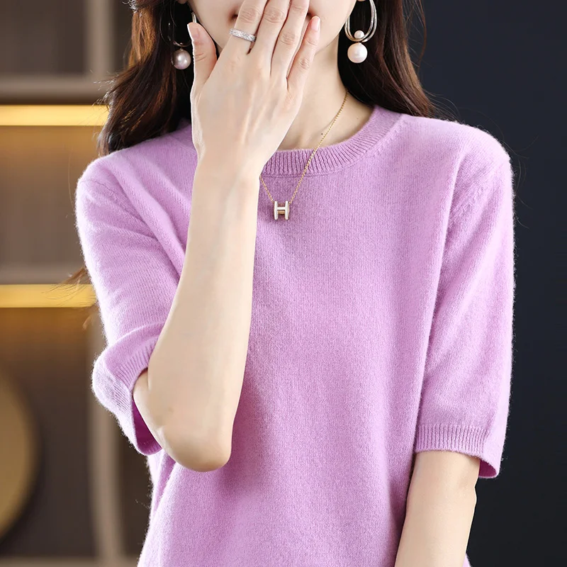 100% pure wool T-shirt spring and summer new women's O-neck pullover short sleeve loose five-sleeve sweater high-end top