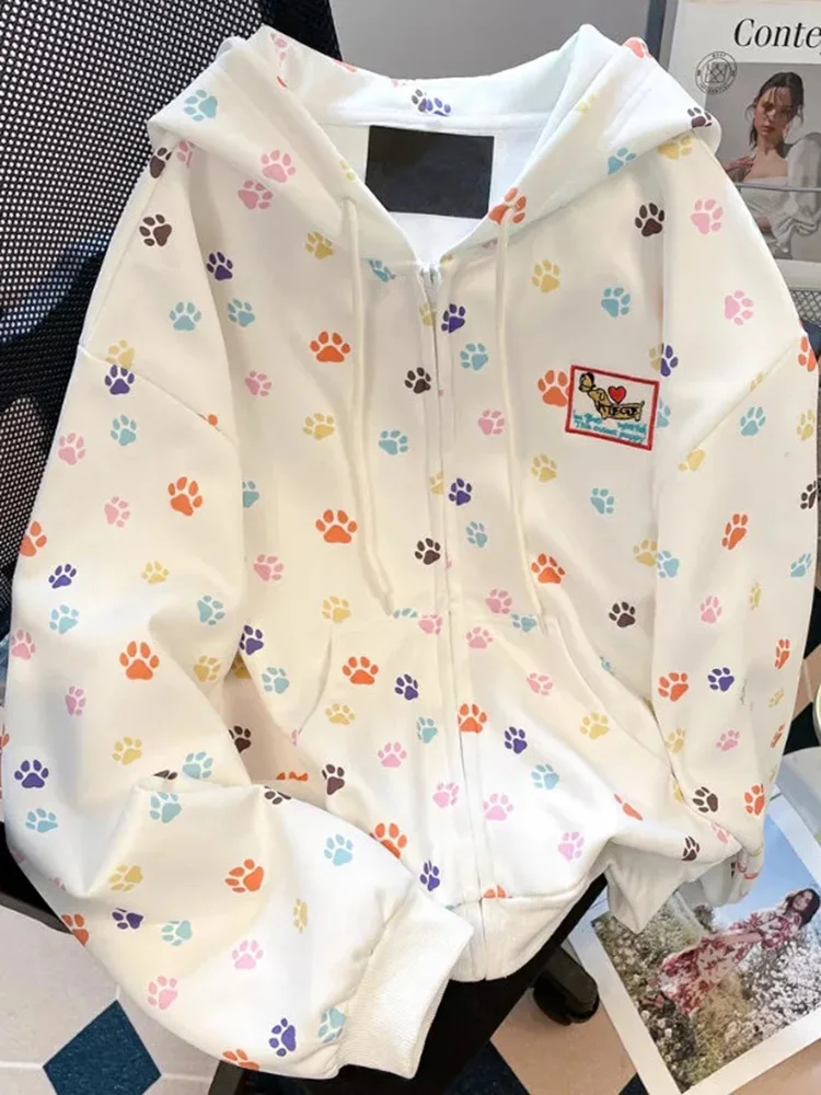 

Zoki Print Vintage Women Hoodies Loose Preppy Style Long Sleeve Cute Sweatshirt Fall Winter Loose Korean Retro All Match Tops