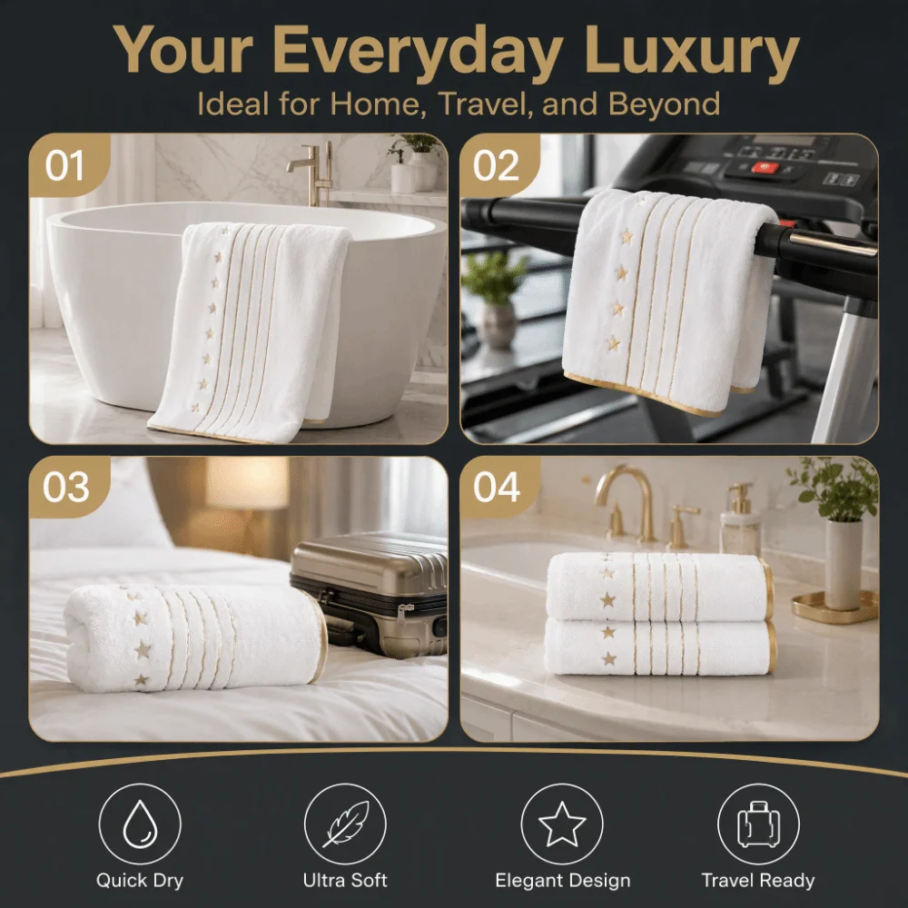 4pcs Absorbent Star Embroidered Towel Set Thickened Ultra Soft Bath Linen Set Quick Dry Gold Trim Bath Towel Set Holiday