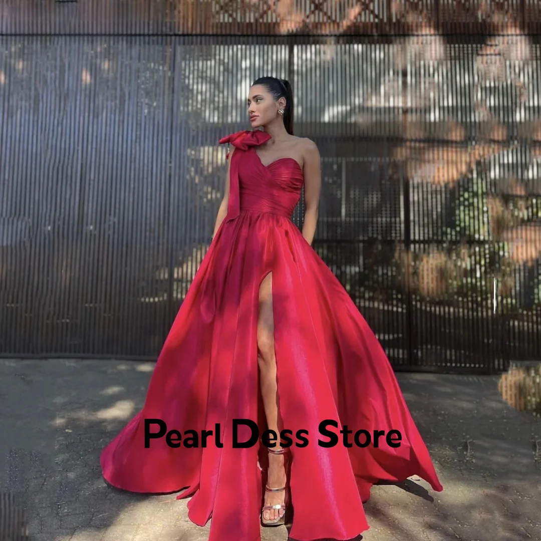 

2024 Red Evening Dress Luxury Satin One Shoulder Side Split Wedding Party Dress