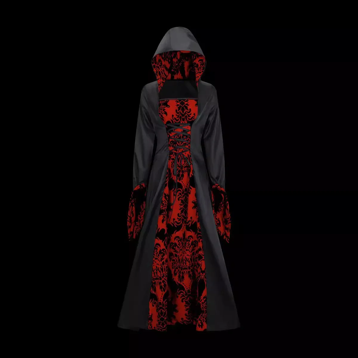 فستان محكمة ريترو بأكمام طويلة وغطاء للرأس مطبوع عليه الهالوين فستان طويل للسيدات أنيق وثنيات وأكمام طويلة وأكمام جرس