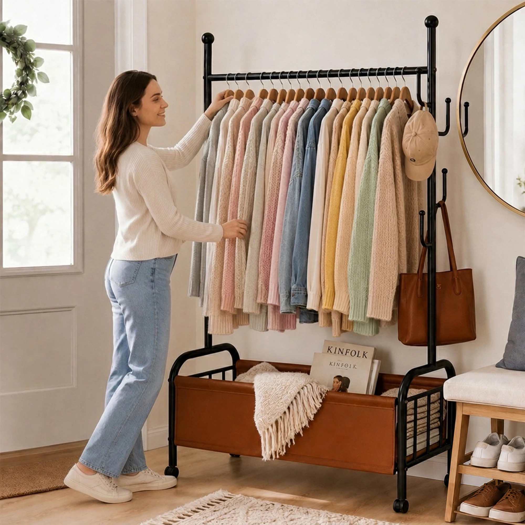 Porte-vêtements sur roulettes gain de place, multifonctionnel, avec panier de rangement en PU, crochets latéraux, organisateur de vêtements roulant pour petite chambre, balcon, entrée