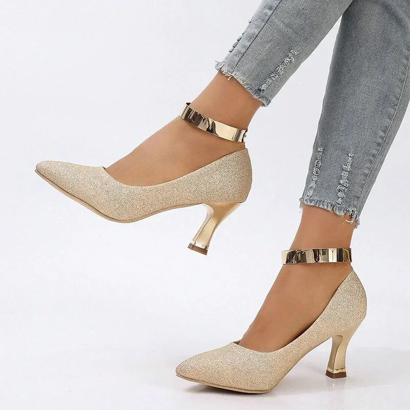 Glänzende goldene Pailletten-High-Heels-Pumps für Damen, Herbstmode, Party- und Hochzeitsschuhe mit hohen Absätzen, spitze Zehen-Slip-On-Schuhe