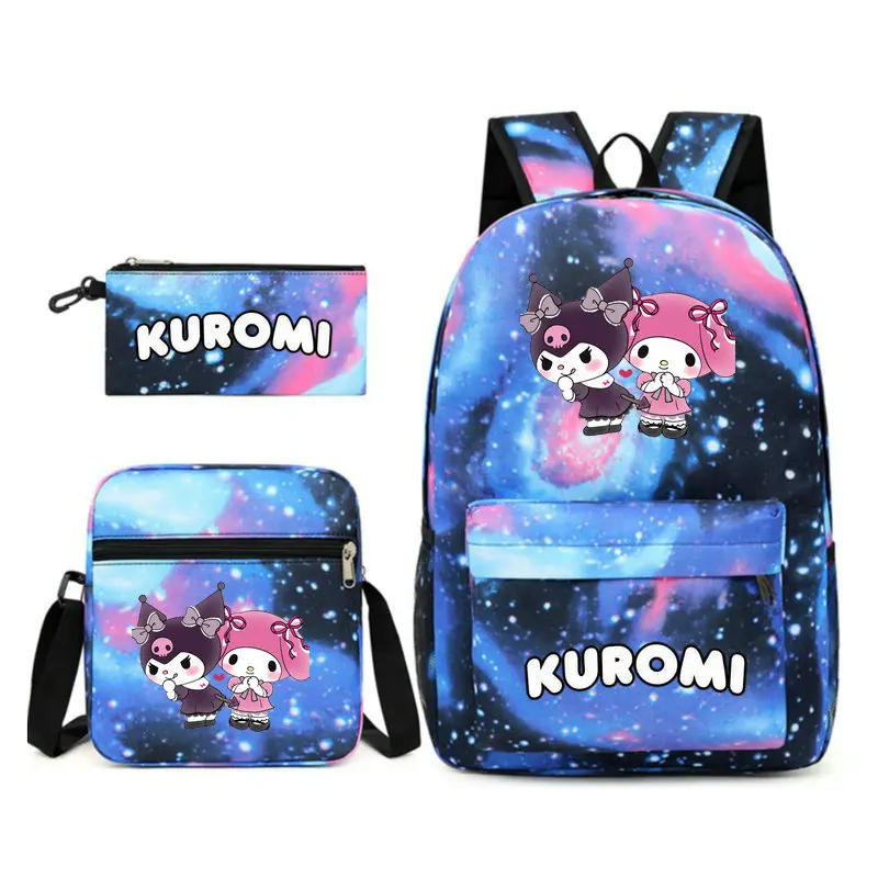 MINISO mochila Kuromi Primary School Bag 3pcs Children\'s Cartoon Backpack Boys Girls Anime Kawaii Cartoon School Bag Mochila