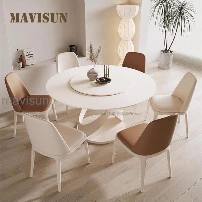 Cream Style Round Dining Table And Chair White Household Furniture Kitchen Table Rock Slab Desktop Dining Table With Turntable