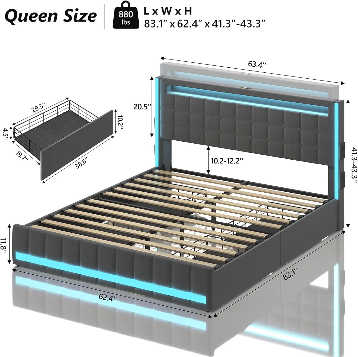 Struttura letto matrimoniale con 4 cassetti portaoggetti e luci a LED, struttura letto con piattaforma imbottita illuminata Queen Size con stazione di ricarica