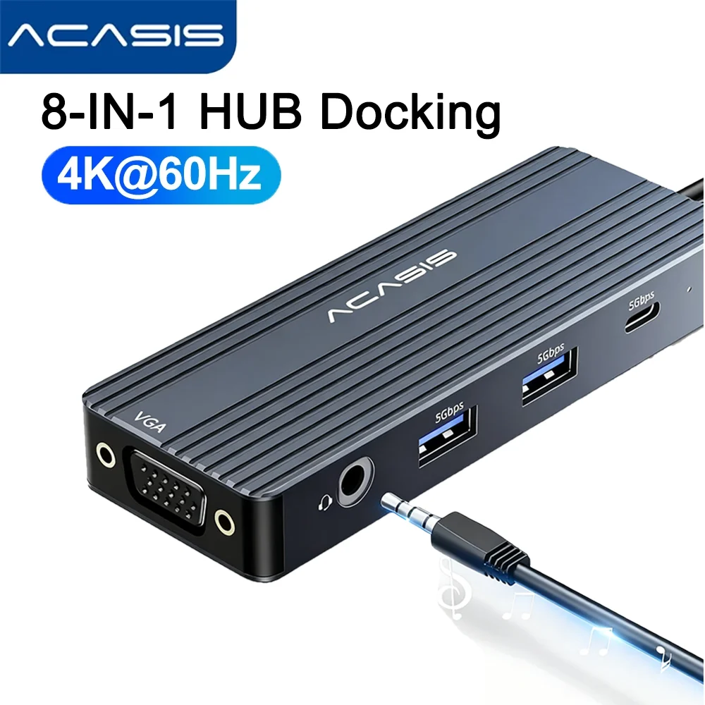 

ACASIS 8-in-1 USB C Docking Station Dual HDMI 4K PD 100W USB C Hub Multiport Adapter for Laptop with VGA Audio USB 3.0 Ports