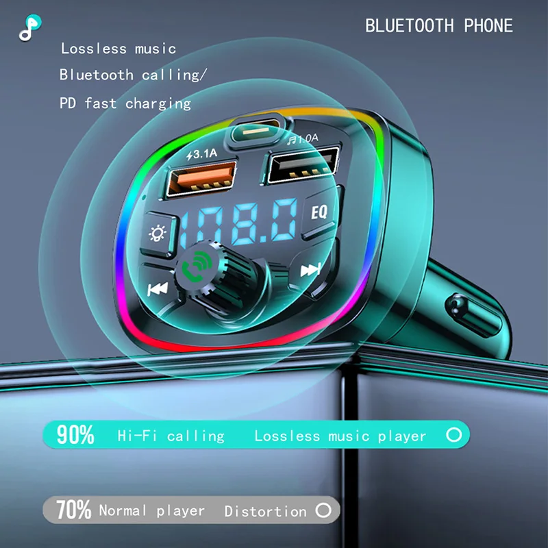 Bluetooth 5.0 FM Transmitter for Car, PD20W QC3.0 Fast Charging Car Charger Adapter, Hands‑Free Calling Car MP3 Player