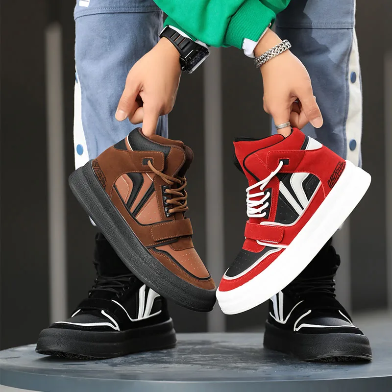 Tênis de cano alto masculino, confortável sapatos de plataforma, esportivo, skate, vermelho, moda, designer, inverno