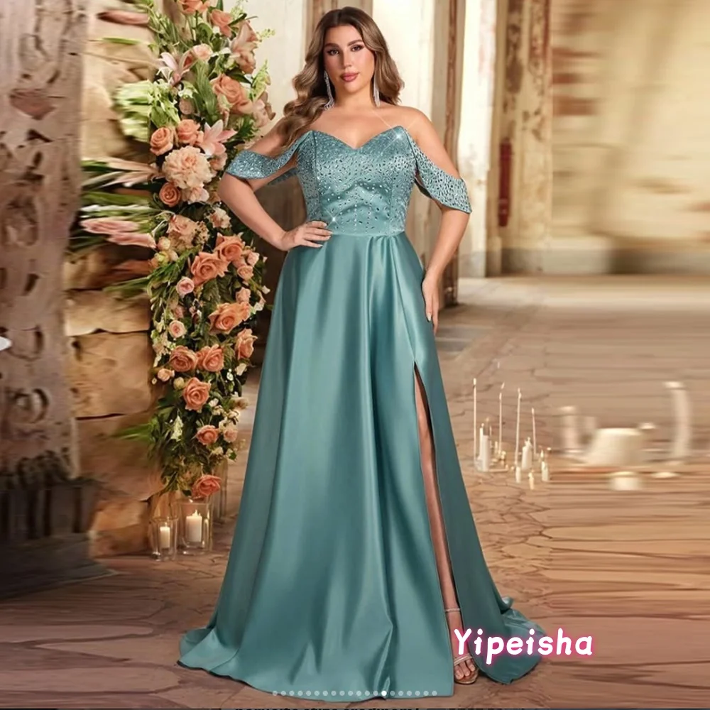 

Beads A-Line Evening Dresses Satin Off The Shoulder V-Neck Prom Gowns Elegant Pleats Side Slit Party Dress Plus Size Customized