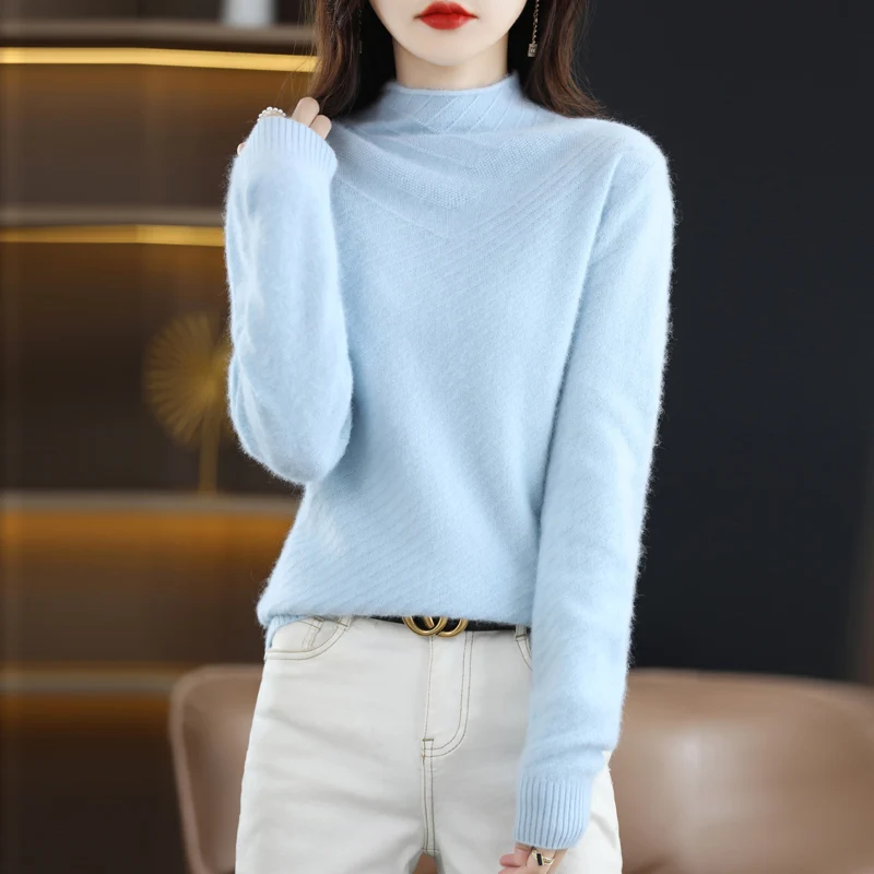 100% Pure Mink Cashmere Women's Half High Neck Pullover Casual Knit Fashion Thickened Top for Warmth Autumn and Winter Korean