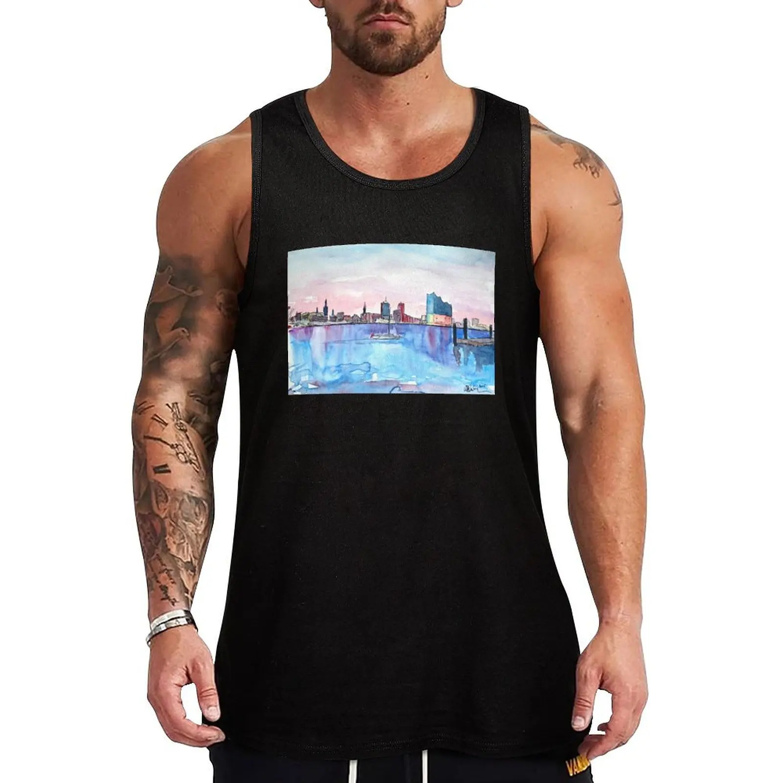 

Hamburg Harbour Skyline And Elbe Philharmonic Hall Tank Top T-shirt male Vest male running shirt underwear t-shirts for men