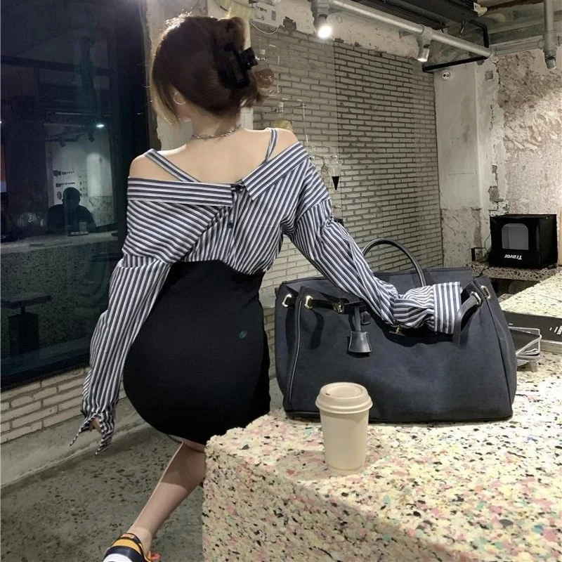 Gestreifte Damen-Langarmkleider, T-Shirts, neue Eigenschaften von One Pieces, Frühling und Herbst 2022, Vintage-Designer, Y2k-Hemd, weibliches Kleid