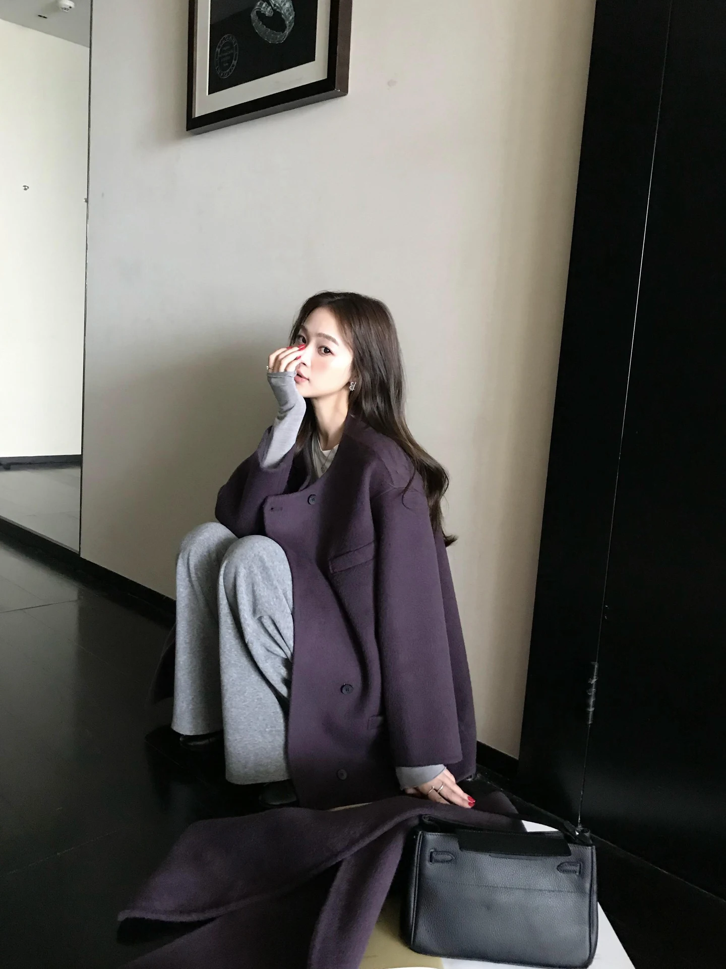 

ZM ZhouMi Double-Sided Woolen Coat Purple Medium-Length Women's Autumn Winter New Sle 2025 with Scarf Warmth Pure Color