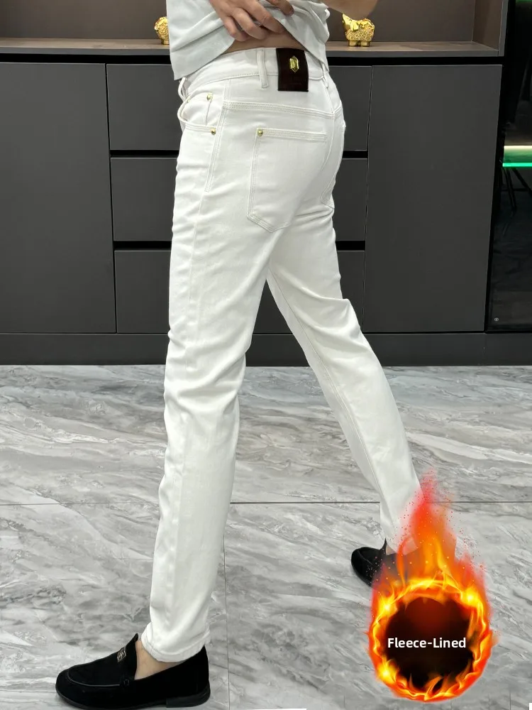 

High Quali Men's Fce Lined Skinny Jeans Faionable Casual White Long Pants Elastic Waist mid Waist Metal Zipper