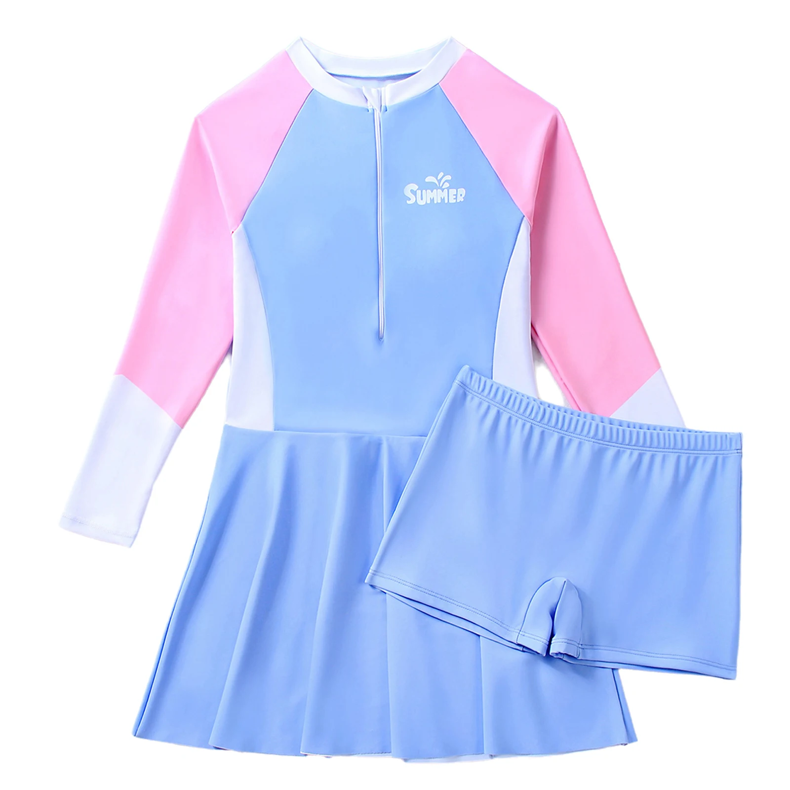 

Kids Girls Rash Guard Swimsuit Modest Swim Set Long Sleeve Color Block Dress with Shorts for Summer Beach Holiday Swim Practice