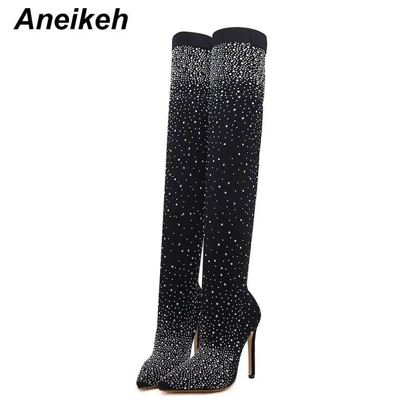 Aneikeh Sexy High Heels Sock Over-the-Knee Boots Pointed Toe Design Crystal Rhinestone Stretch Fabric Pole Dancing Women Shoes