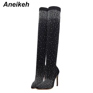 Aneikeh sexy salto alto meia sobre o joelho botas dedo do pé apontado design cristal strass tecido elástico pólo dança sapatos femininos 8 principais vendas sapato feito de cristal - №7